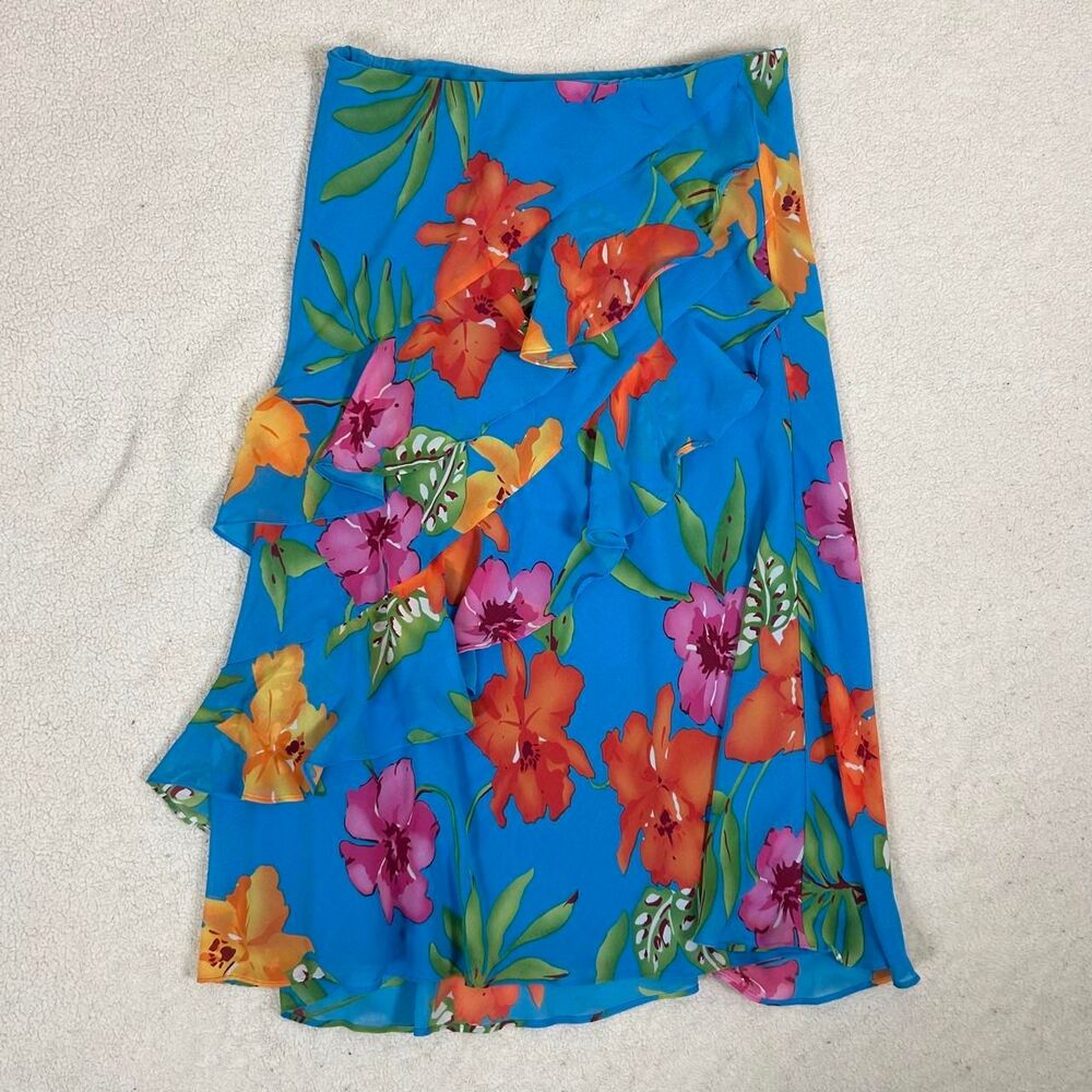 Chaps Blue Tropical Floral Ruffle Midi Skirt